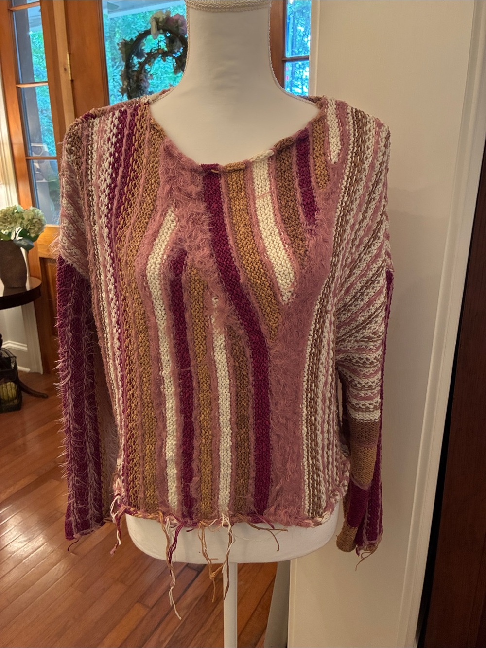 Bluivy Multi-Striped Pink, Cream & Brown Mixed-Texture Sweater Cropped Oversized